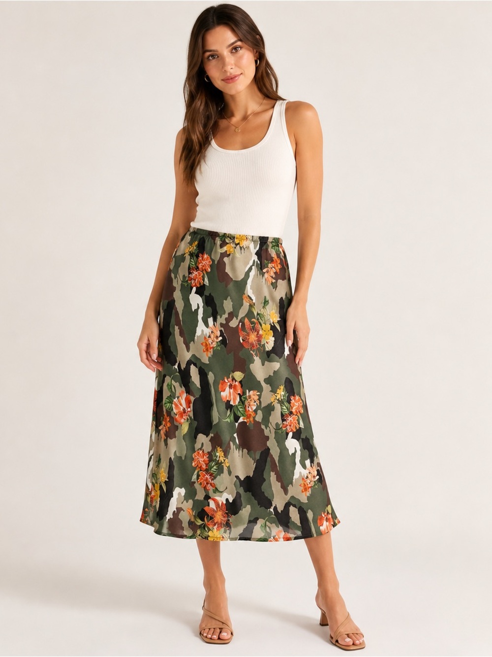 Lola & Co Camo Floral Midi Slip Skirt M Made in Italy Elastic Waist Sheer Boho